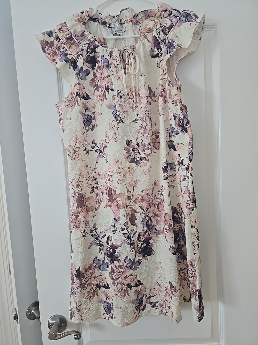 Robbie Bee Cream Floral Ruffle-Neck Dress with Pink & Purple Blooms